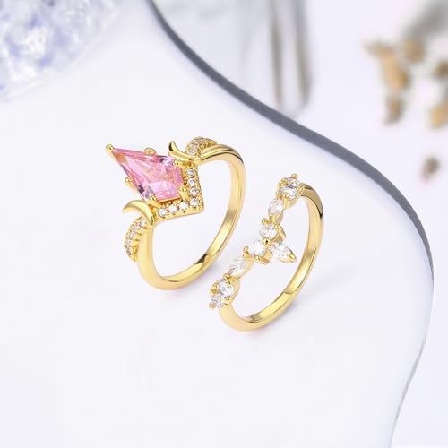 JIANGYUE Engagement Pink Rings Wedding Ring Set Kite Cut Ring2