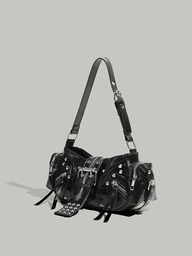 Vintage Shoulder Bag for Women Y2k Purse Adjustable Crossbody Handle Handbag Motorcycle Bag Leather Punk Underarm Bags3