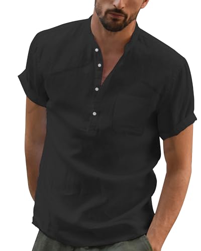 DUOLUVA Chemise Lin Coton Homme Linen Shirt for Mens Col Mao Decontracte Boutons Noir XL