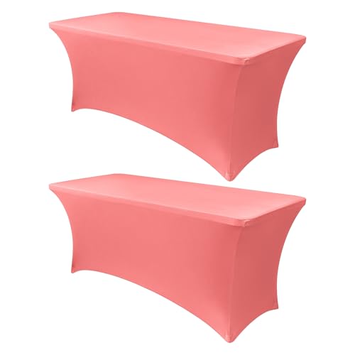 Image of Obstal 6ft Stretch Spandex Table Cover for Standard Folding Tables - Universal Rectangular Fitted Tablecloth Protector for Wedding, Banquet and Party, 72L x 30W x 30H Inches, Coral Red, 2pc