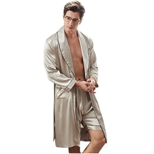 LZJDS Robe De Nuit pour Hommes Kimono Pyjama Peignoir Satin Robe À Manches Longues Robe De Chambre avec Short Ensemble De Vêtements De Nuit,Gris,3XL, Grey Gris, 1221SUNY Cover