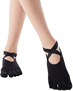 Feliciay Yoga Socks For Women Five Toe Socks, Breathable Low Cut Sports Socks For Women Non Slip With Grips With Elastic Cross Straps For Pilates Ballet Dance Fitness(Black)