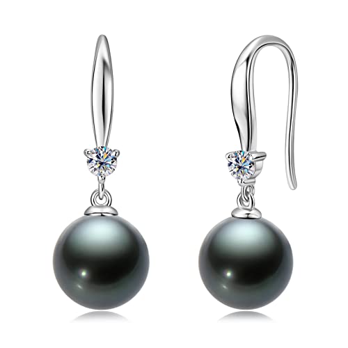 Tahitian Black Pearl Earrings for Women, 925 Sterling Silver Genuine Tahitian Cultured Pearl Drop Earrings Jewelry Gift for Women Wife Mom Daughter
