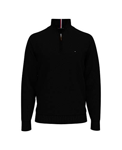 Tommy Hilfiger mens Cotton Quarter Zip Pullover Sweater, Th Deep Black, Large US