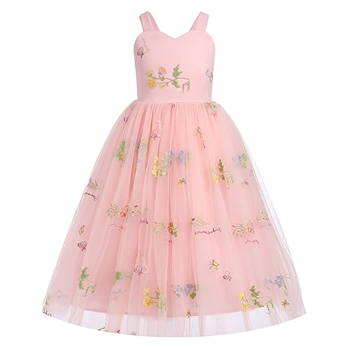 Flower Girl Dress Princess Sleeveless Floral Embroidered Kids Summer Wedding Pageant Birthday Tutu Tulle Dress