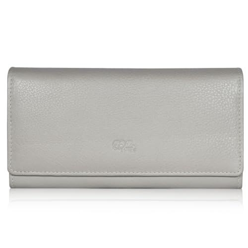 Image of Women's Top Grain Leather Wallet, RFID Blocking Bifold clutch, 17 Card Slots, Zip Pocket Organizer, Elegant Gift for Women - Birthday, Valentine, Anniversary - ICE GREY