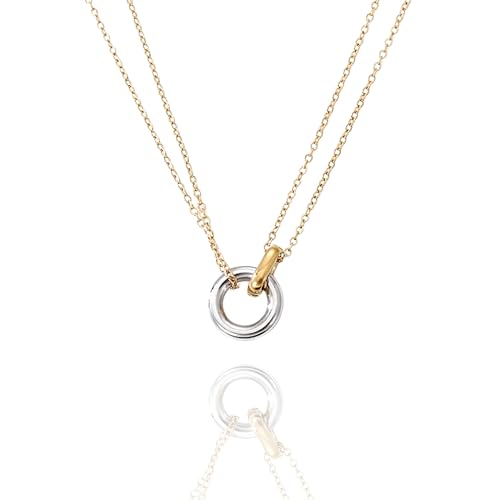 QueenBee Gold and Silver Interlocking Rings Necklace for Women – 14K Gold Plated Layered Chain, Circle Pendant Two-Tone Jewelry Gift for Birthday, Christmas – Hypoallergenic, Mixed Metal