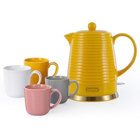 LONGSEED Ceramic Electric Kettle Set with Infuser, and Cups in 4 Colors, 1.2L/1000W Boil Water Quickly and Easily with Boil-Dry Protection Auto Shut Off, Detachable Swivel Base, Glazed Relief Carving Cover