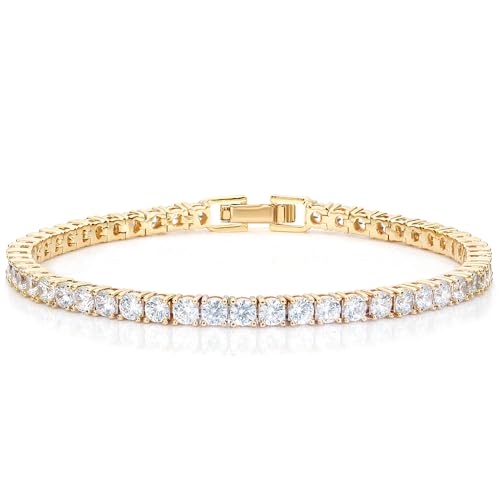 Haqptul 18K Gold/Sterling Silver Plated Tennis Bracelet for Women Men Cubic Zirconia White Gold Diamond 3mm Size 6.5-7.5 Inch