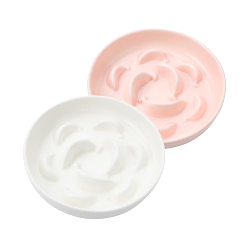 Gamelle Chat Anti Glouton Céramique - Lot de 2 Gamelles pour Chats pour Alimentation Lente - Bol Double pour Chat Série Pastel - Compatible Lave-Vaisselle et...