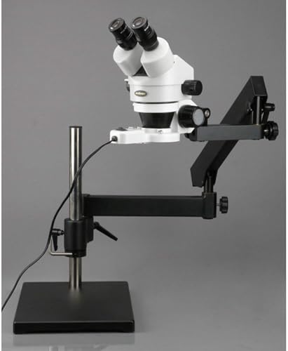 Image of AmScope SM-7B-FRL Professional Binocular Stereo Zoom Microscope, WH10x Eyepieces, 7X-45X Magnification, 0.7X-4.5X Zoom Objective, 8W Fluorescent Ring Light, Articulating-Arm Boom Stand, 110V-120V