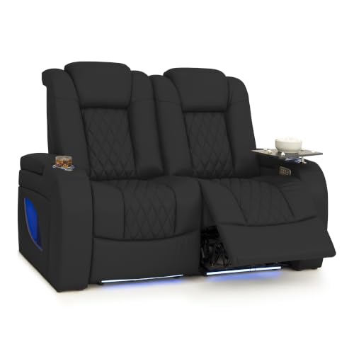 Image of Seatcraft Virtuoso LT Black Italian Leather Home Theater Seating, Zero Gravity Power Recliner, Powered Headrest and Lumbar Gaming and Home Office Chair Heat and Massage Lounge Sofa, Row of 2 Loveseats