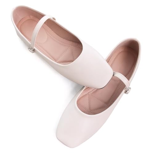 Image of TN TANGNEST Leather Flats for Women Retro Mary Jane Flats | Comfortable Square Toe Slip On Flats with Buckle Strap, Soft Work Flats Office Shoes