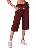 Crewhpo Pantalon 3/4 Femme Été Pantacourt Léger avec Poches Pantacourt Sport Taille Haute Bas de Jogging Ample Pantalon Yoga Couleur Unie Pantalons Décontractés Rouge vin L