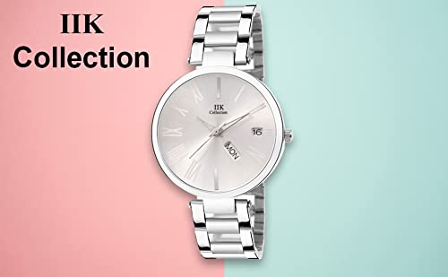 Image of IIK COLLECTION Watch for Women Round Studded Dial |Day and Date Quartz Movemnet |Long Battery Life|Stainless Steel Bracelet Chain Strap|Double Lock Clasp Safety Watches for Girls