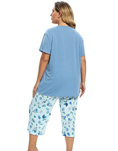 Image of Vozanet Women's Pajamas Set Soft V Neck Sleepwear Top and Capri Pj Lounge Sets Cartoon Heart Shape Cat Nighty Plus Size