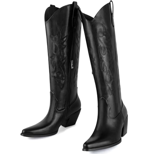 MISSMILLER Cowboy Boots for Women-Knee High Cowgirl Boots with Retro Floral Embroidered,Chunky Heels Pointed Toe Retro Classic Pull On Western Tall Boot With Side Half Zip for Ladies