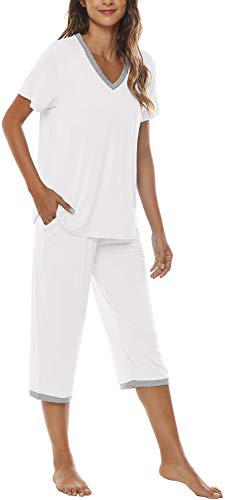 Image of JINSHI Women's Pajamas Set Short Sleeve Top and Capri Pants Lightweight Sleepwear Comfy Pjs Lounge Set with Pockets