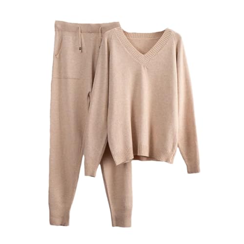 Women Cashmere Knitted Sets Loose V Neck Sweater Carrot Pant 2 Pieces Outfit Tracksuits