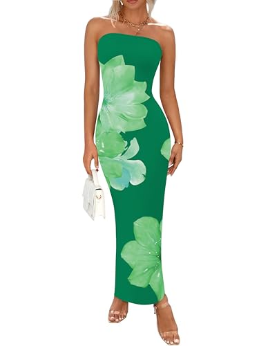Image of PRETTYGARDEN Women Summer Strapless Maxi Dress Bodycon Floral Sexy Long Wedding Guest Dress Formal Tube Mesh Cocktail Dresses