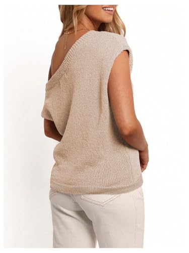 WDIRARA Women's One Shoulder Short Sleeve Sweater Asymmetrical Loose Knitted Top3
