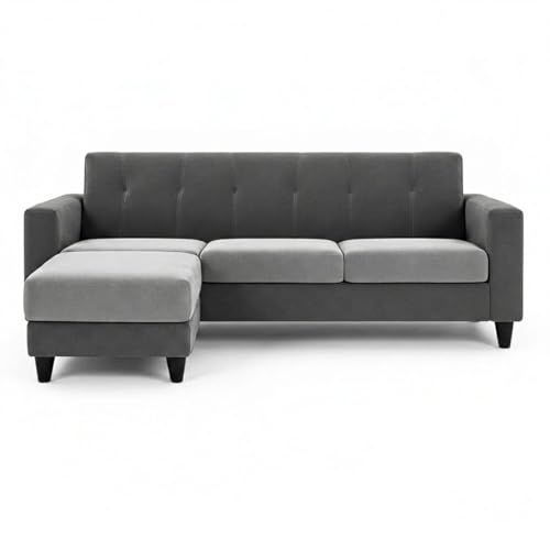 Image of Homeboy 4 Seater L Shape Sofa Set with Movable Ottoman | Flexible Left or Right Layout | Luxe Velvet Suede Fabric | Comfortable Seating | Modern Sofa for Living Room -Light Gray - Dark Gray