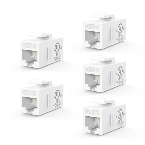 VCE UL Listed CAT6 Keystone Coupler 5-Pack 10Gbps Gold-Plated Inline Coupler Female to Female Ethernet Cable Extender White