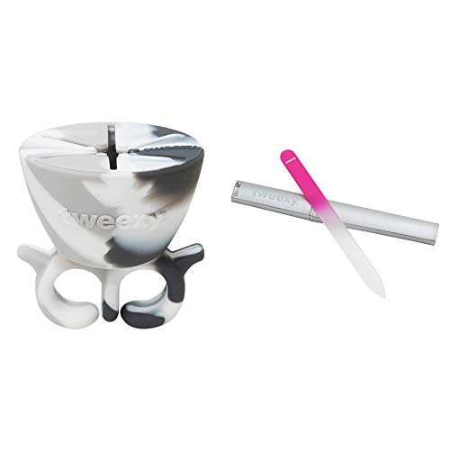 tweexy Wearable Nail Polish Holder Ring (Smokey) with Genuine Czech Crystal Glass Nail File (Pink) and Protective Case, Fingernail Polishing Tools, Manicure and Pedicure Accessories
