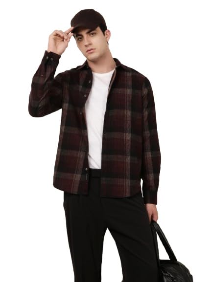 wrogn Men's Pure Cotton Shirt | Checkered Print with Fine Corduroy Texture | Slim Fit-picture-16