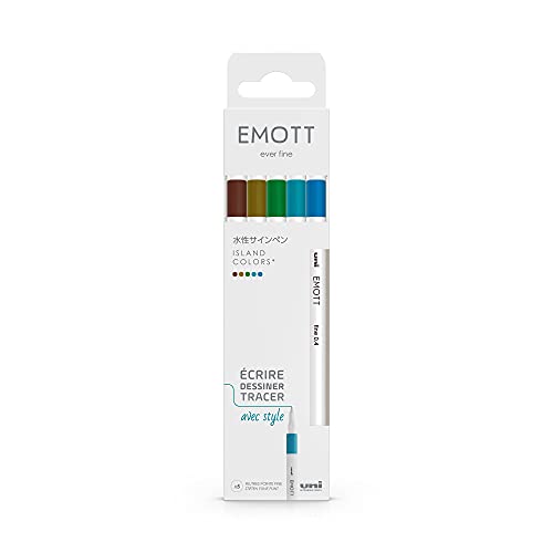 Emott - Uni Ball - Uni Mitsubishi Pencil - Pochette de 5 Feutres Island Colors - Pour Écrire, Dessiner, Tracer avec Style ! - Pointe Fine 0,4 mm - Vert, Bleu Ciel, Bleu Turquoise, Jaune Fonce, Marron