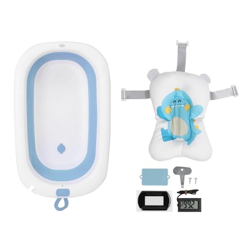 ベビー折りたたみバスタブ、折りたたみ式ベビーバスタブ固定ストラップ ソフトクッション 滑り防止 温度検出器 収納簡単 (青)