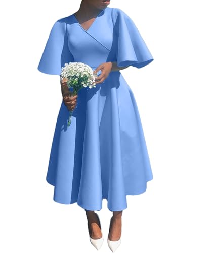Image of SOMTHRON Women's Wrap V-Neck Ruffle Short Sleeve Midi Dress Elegant A Line Flowy Flared Cocktail Church Dress