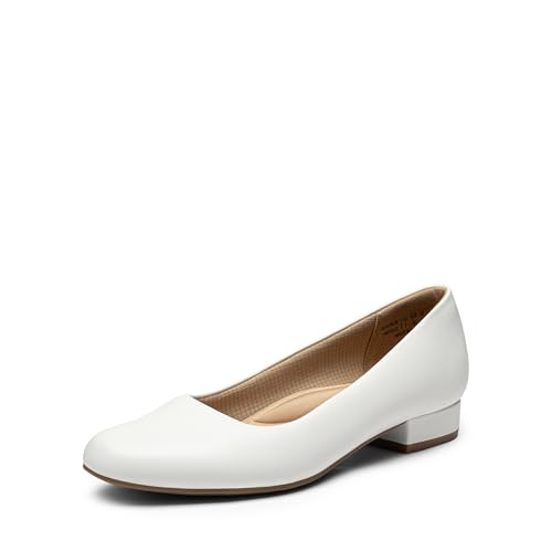 DREAM PAIRS Women's Pumps Low Chunky Closed Toe Heels for Women Comfortable Casual Slip-On Dress Shoes for Wedding Work Office Party SDPU2461W,Size 8,White-Pu,SDPU2461W