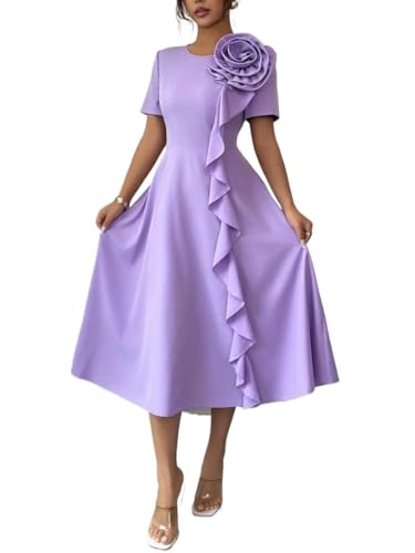 Elegant Women's Midi Dress with Puff Sleeves and Floral Appliques