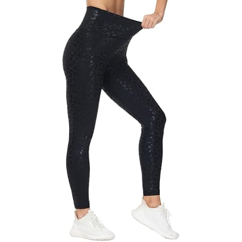 THE GYM PEOPLE Women's Cross Waist Workout Leggings Tummy Control High Waisted Athletic Yoga Pants with Pockets Black Leopard Cover