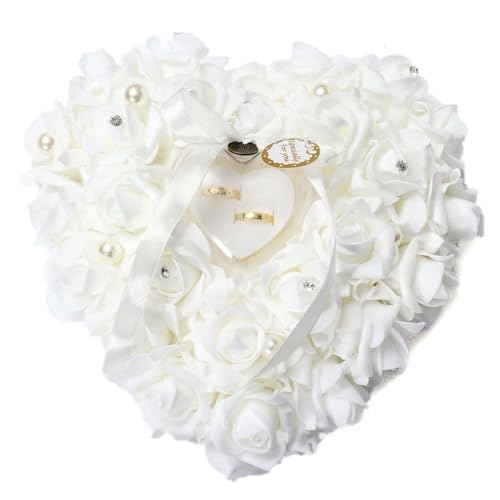 HONEYGIFTS Wedding Ring Pillow Irovy Ring Bearer Holder Pillows Heart Shape Rose Lace Cushion for Wedding Party Anniversary Ceromony