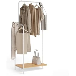 Perchero Para Ropa Local De Madera Newlux-Burro Ropa Resistente Hasta 18kg Hangy Wood 100 con Zapatero. Perchero Burro Ropa Metálico con Gran Estabilidad | Fácil Montaje | Base Antirayaduras | Incluye Riel Lateral (62x42x150cm)|Blanco