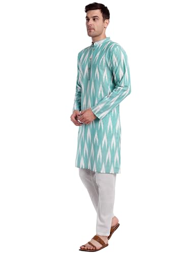 Image of SKAVIJ Men's Pure Cotton Printed Kurta Pajama Set Ikat Design Casual Ethnic Dress