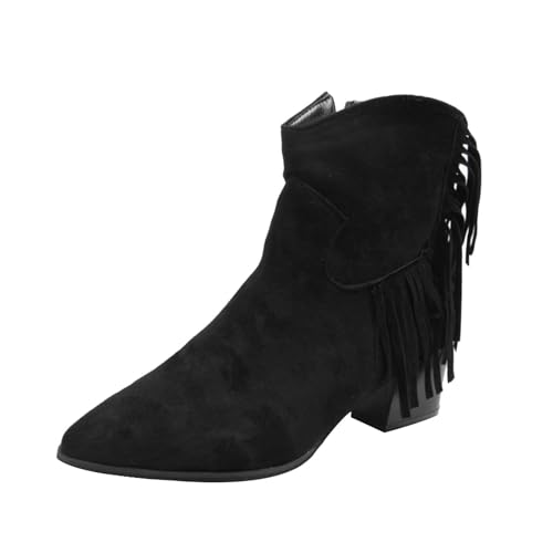 Generisch Ankle Boots Women's Boots Leisure Suede Short Boots Elegant Pointed Slip On Shoes Ankle Boots with Zip Autumn Winter Women's Ankle Boots Block Heel Transition Boots with Fringes, black, 7 UK