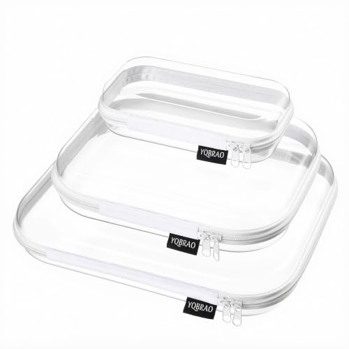 YQBRAO 3-Pack Clear Hard Shell Zipper Case 1.2mm Heavy-Duty Crush-Proof Makeup Bag Multi-Size Set (L+M+S) for Diaper Bag Organizer Toys Art Supplies & TSA Approved Clear Zipper Pouches