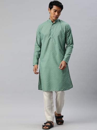Image of Majestic Man Men's Cotton Blend Regular Fit Casual Polyester Mandarin Collar Ethnic Motifs Embroidered Long Regular Kurta