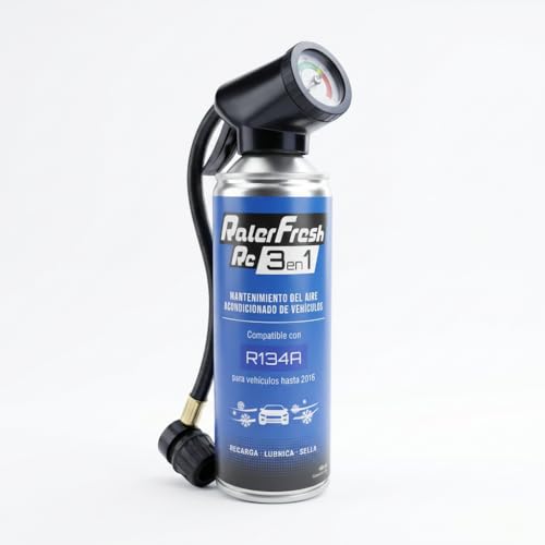 Ralerfresh RC 3 en 1 con Manómetro – Recarga de Aire Acondicionado Coche R134a hasta 2016 - Gas refrigerante, Sella, Lubrica, Elimina Humedad y Protege - Mantenimiento Avanzado del vehículo - 400 ml