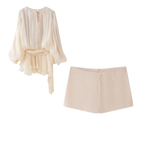 Women's Pleated Ribbon Design Loose Mesh Long Sleeved Top Solid Color Mini Skirt Top Suit