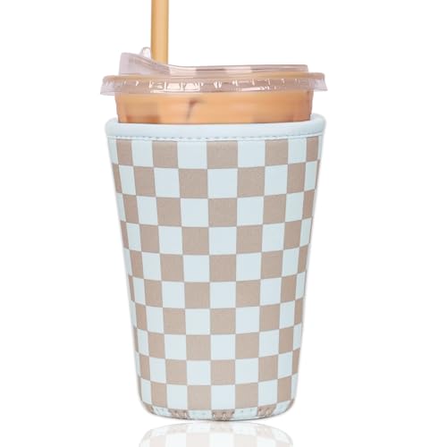 Image of Reusable Insulated Sleeve for Iced Coffee Cup, Coffee Neoprene Sleeve for Cold & Hot Drinks, Beverage Holder for Iced Coffee (Classic Checker, Medium: 22-24oz)