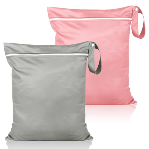 Maxmoc 2 Stück Nassbeutel Wetbag Schwimmsachen Wiederverwendbare Nasstasche Reise 36x30cm Wasserdicht Wäschesack mit Reißverschluss für Windeln Badeanzüge Strandtücher Schmutzige(Grau + Rosa)