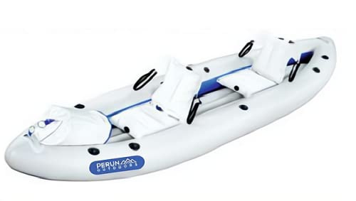Perun Outdoors LB-450K 2 Person Durable PVC Inflatable Kayak Boat Sport 450cm (14'9' ') with Foot Air Pump and Carry Bag, Light Gray + Blue (LB-450UV)