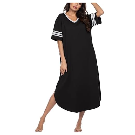 Ekouaer Sleepwear Womens Loungewear Soft Long Nightgown Short Sleeve Pajama House Dress V Neck Sleep Shirts Nightshirt Black
