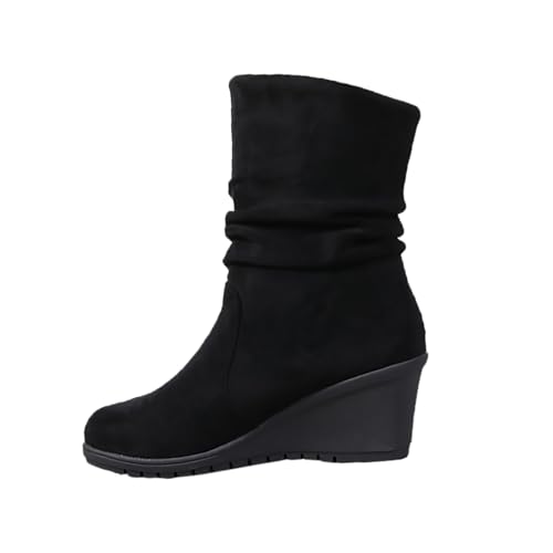 Generic Women's Mid Calf Boots Wedge Heel Suede Leather Dressy Slip On Comfort Fall Winter Short Boots Black Zipper Retro Booties