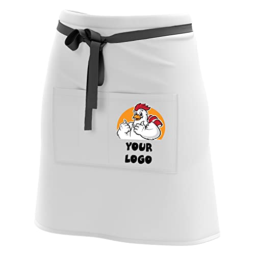 Ferocity Kort personligt förkläde servitörsförkläde förkläde förkläde med färgglatt namn logotyp personligt med fickor för bistro restaurang, vit med färgglad logotyp [074], Vit med färgglad logotyp