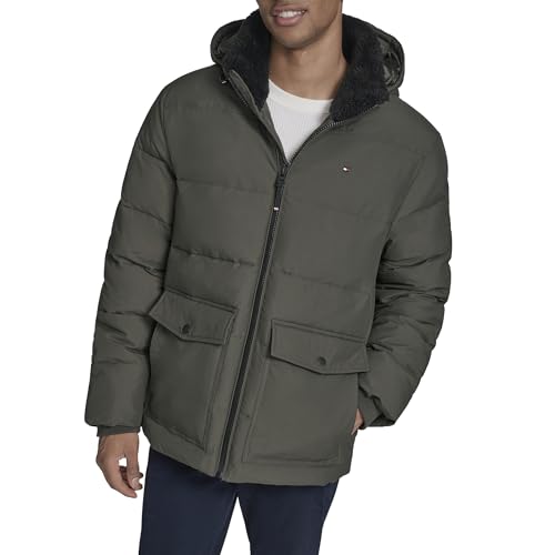 Tommy Hilfiger Acolchado con capucha para hombre con bolsillos de parche, Verde -Oliva, Mediana